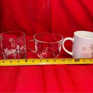 Lot of 3 mugs, 2 snowflake theme, 1 clear glass